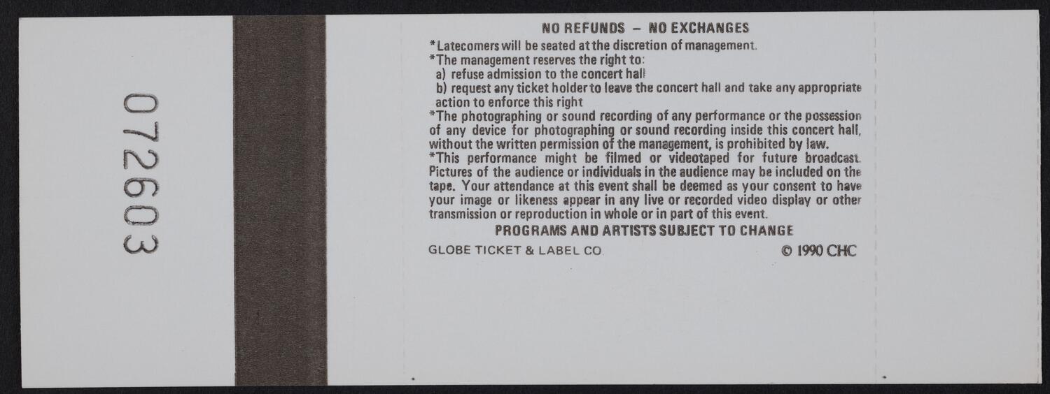 Ticket for the Gala Opening Night of the Centennial Season: Los Angeles Philharmonic, September 26, 1990 (back)
