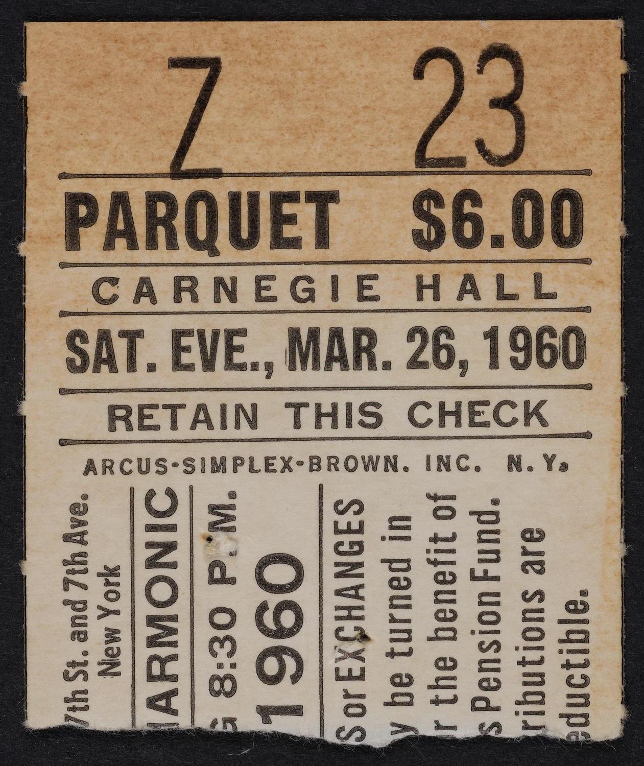 Ticket for New York Philharmonic, March 26, 1960 (front)