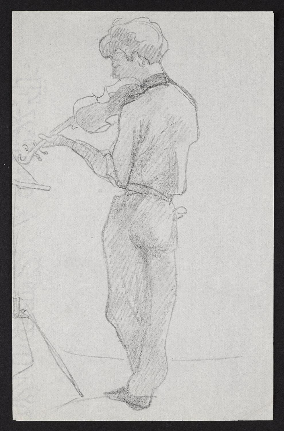 Sketch of standing figure in profile facing left