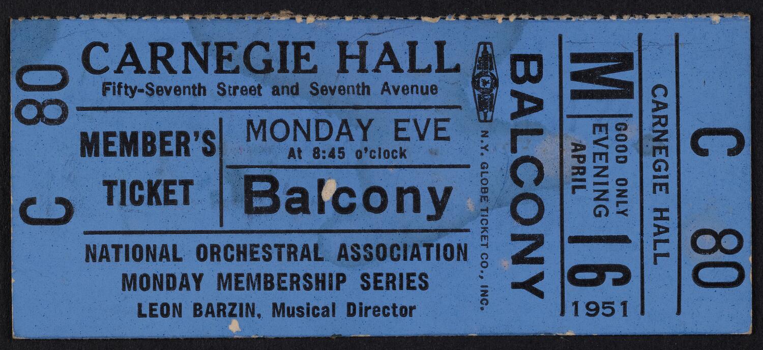 Ticket for National Orchestral Association, April 16, 1951 (front)