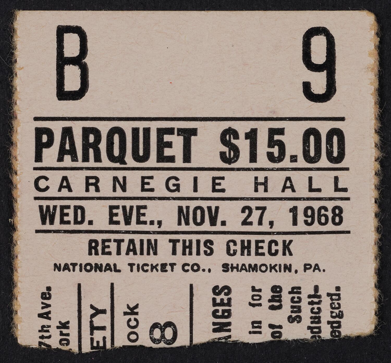 Ticket for American Opera Society, November 27, 1968 (front)