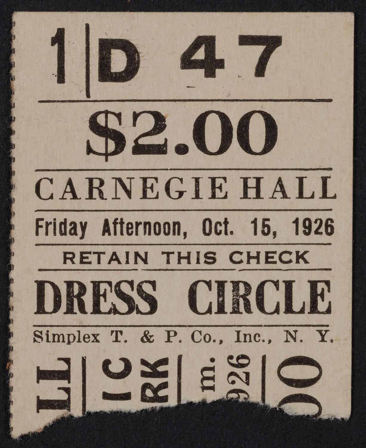 Ticket for Philharmonic Symphony Society of New York, October 15, 1926 (front)