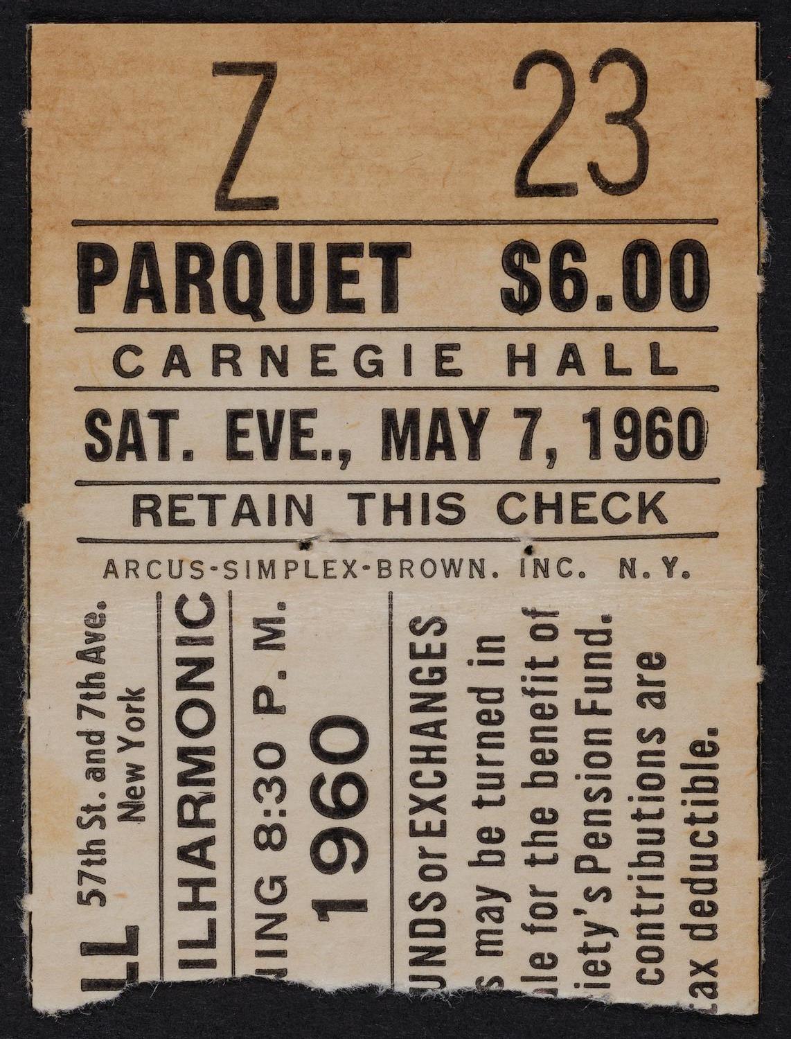 Ticket for New York Philharmonic, May 7, 1960 (front)