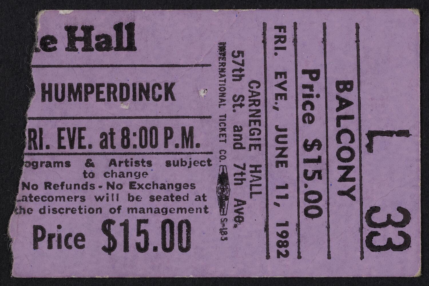 Ticket for Engelbert Humperdinck, June 11, 1982 (front)