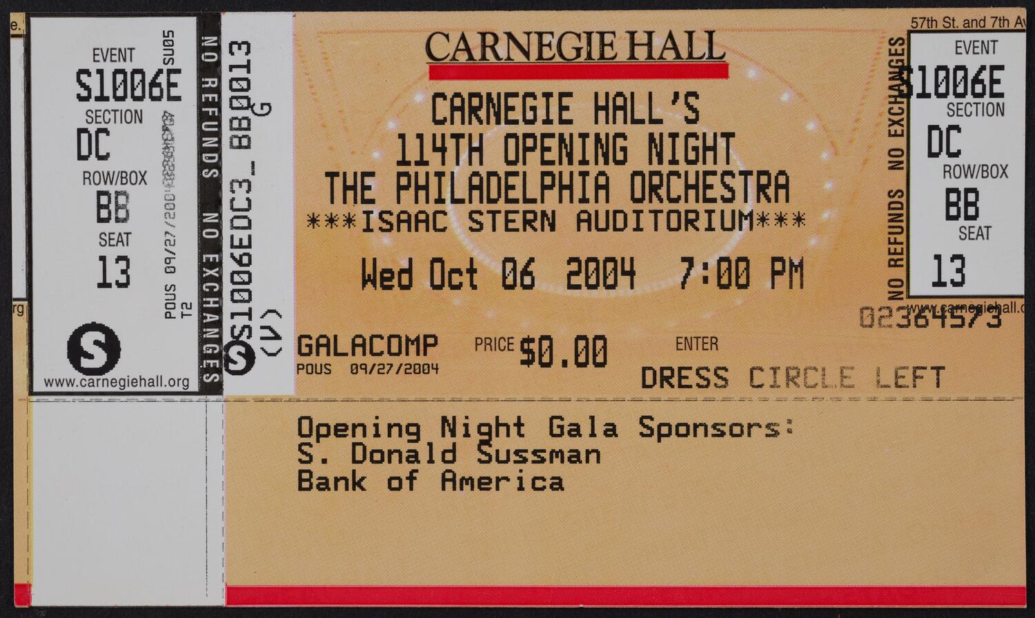 Ticket for Carnegie Hall's 114th Opening Night: The Philadelphia Orchestra, October 6, 2004 (front)