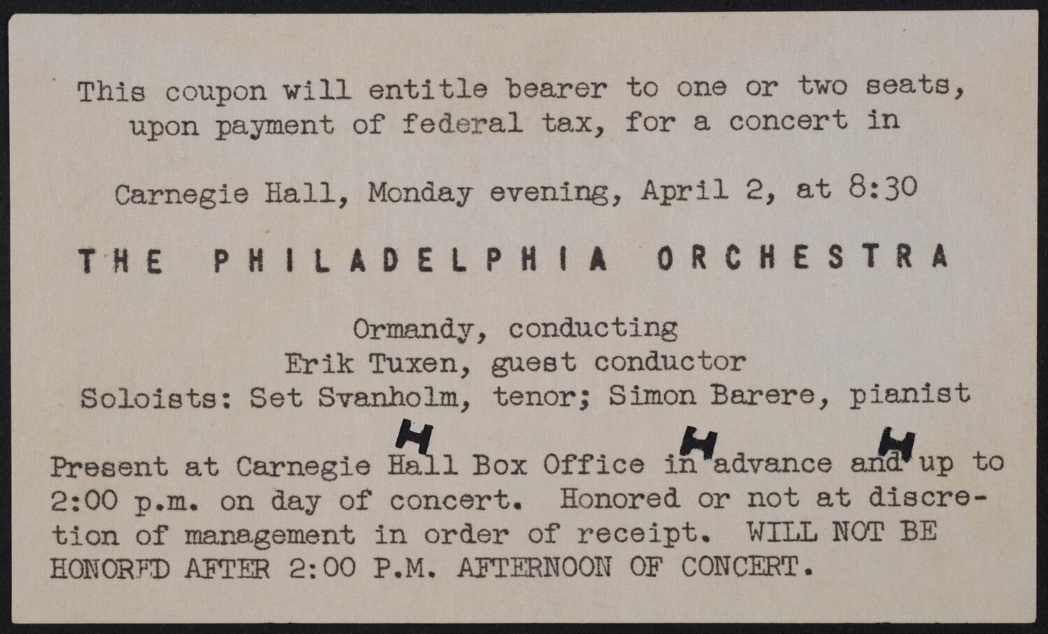 Ticket for Philadelphia Orchestra, April 2, 1951 (front)