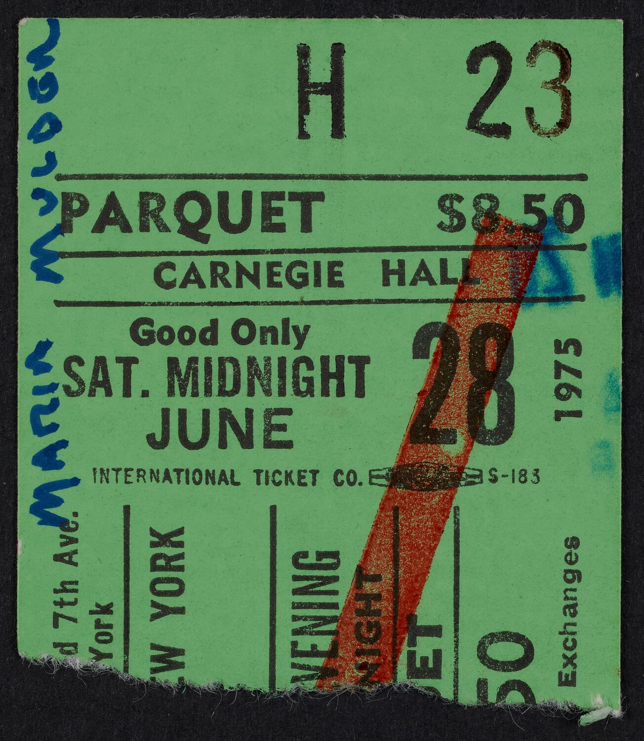 Ticket for Maria Muldaur, June 28, 1975 (front)