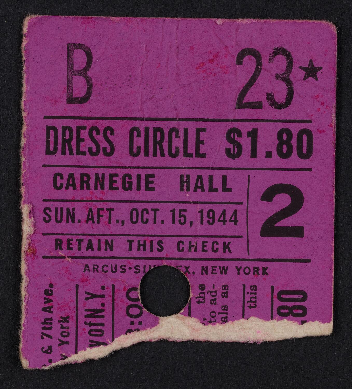 Ticket for Philharmonic-Symphony Society of New York, October 15, 1944 (front)