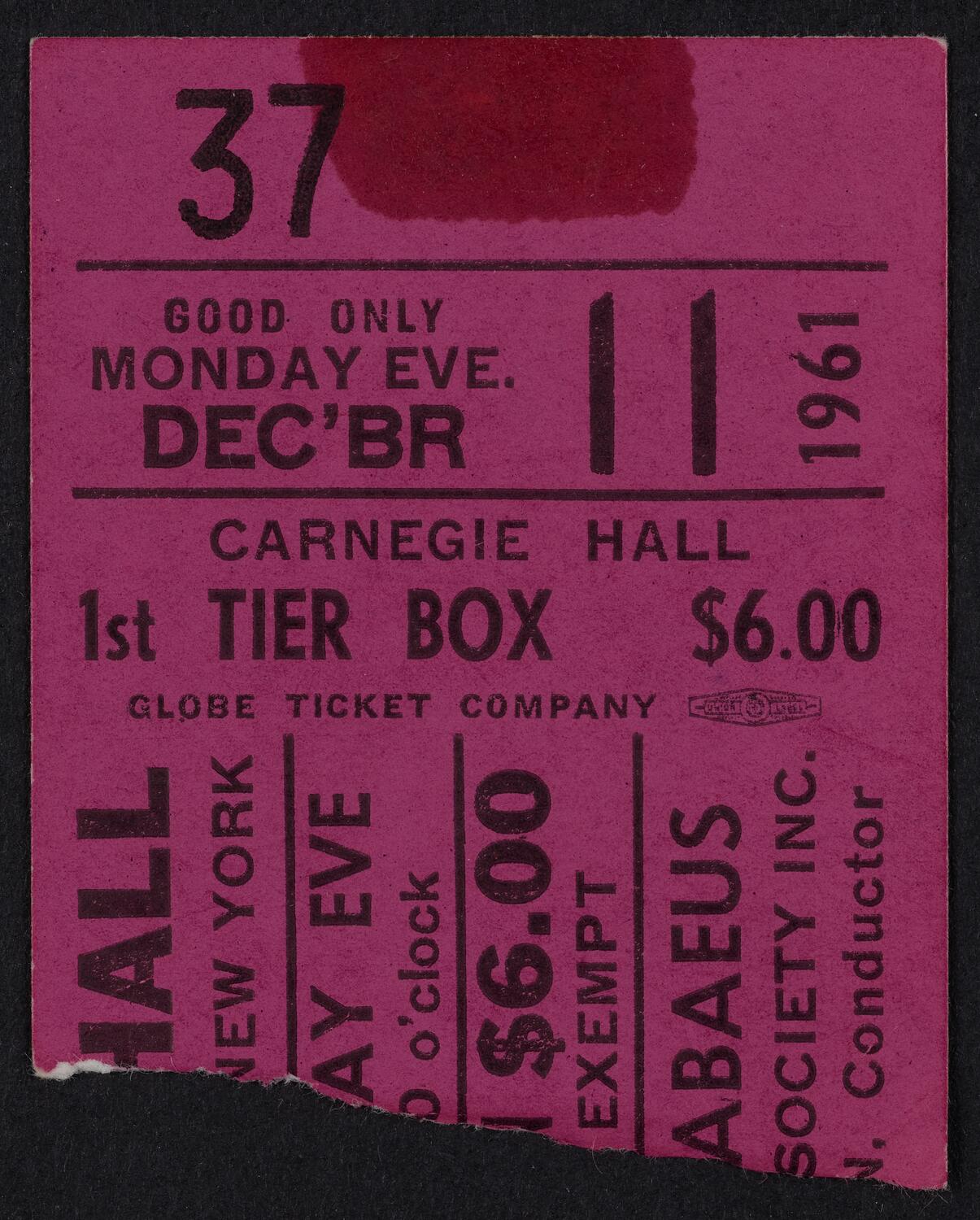 Ticket for The Little Orchestra Society, December 11, 1961 (front)