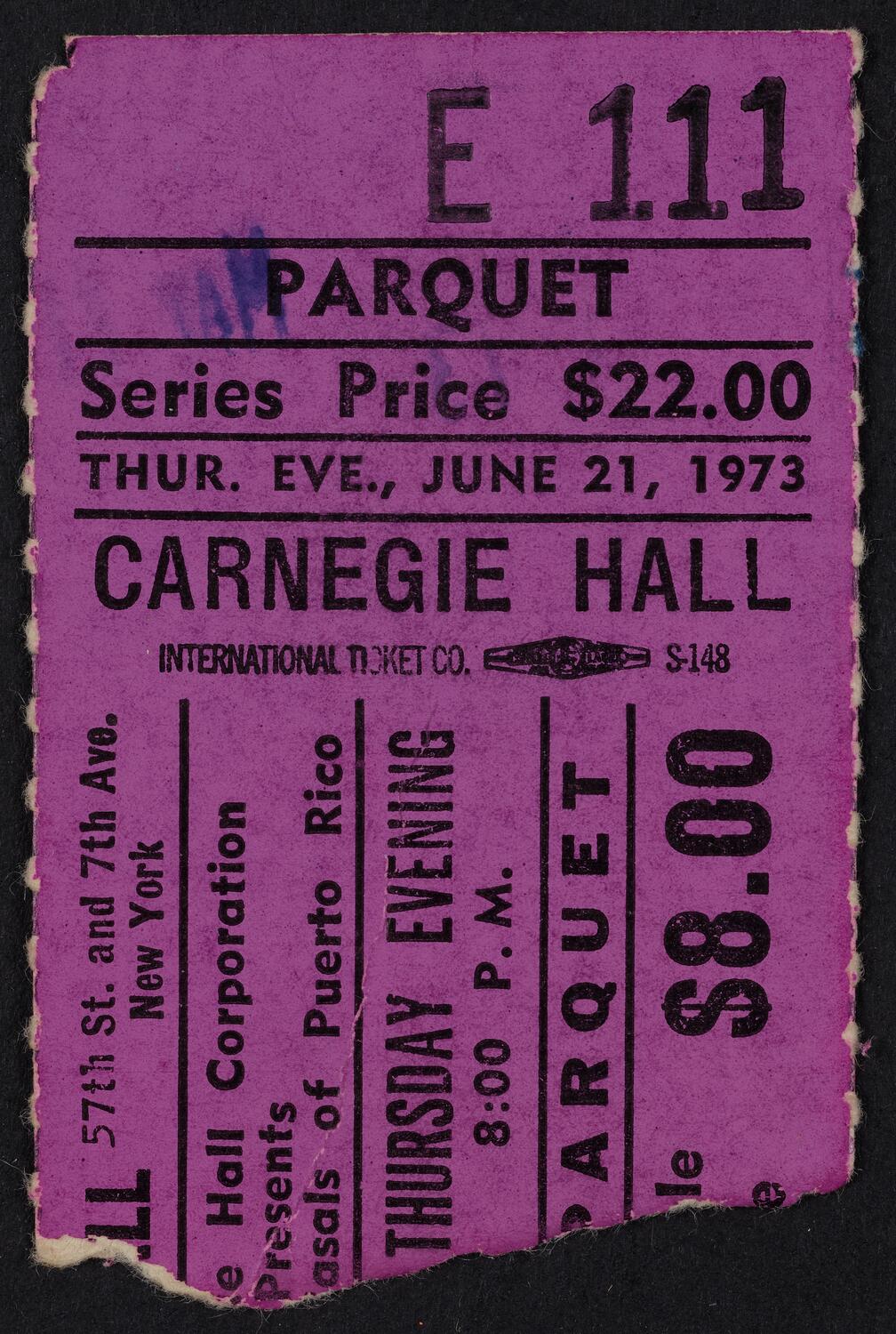 Ticket for Festival Casals of Puerto Rico, June 21, 1973 (front)