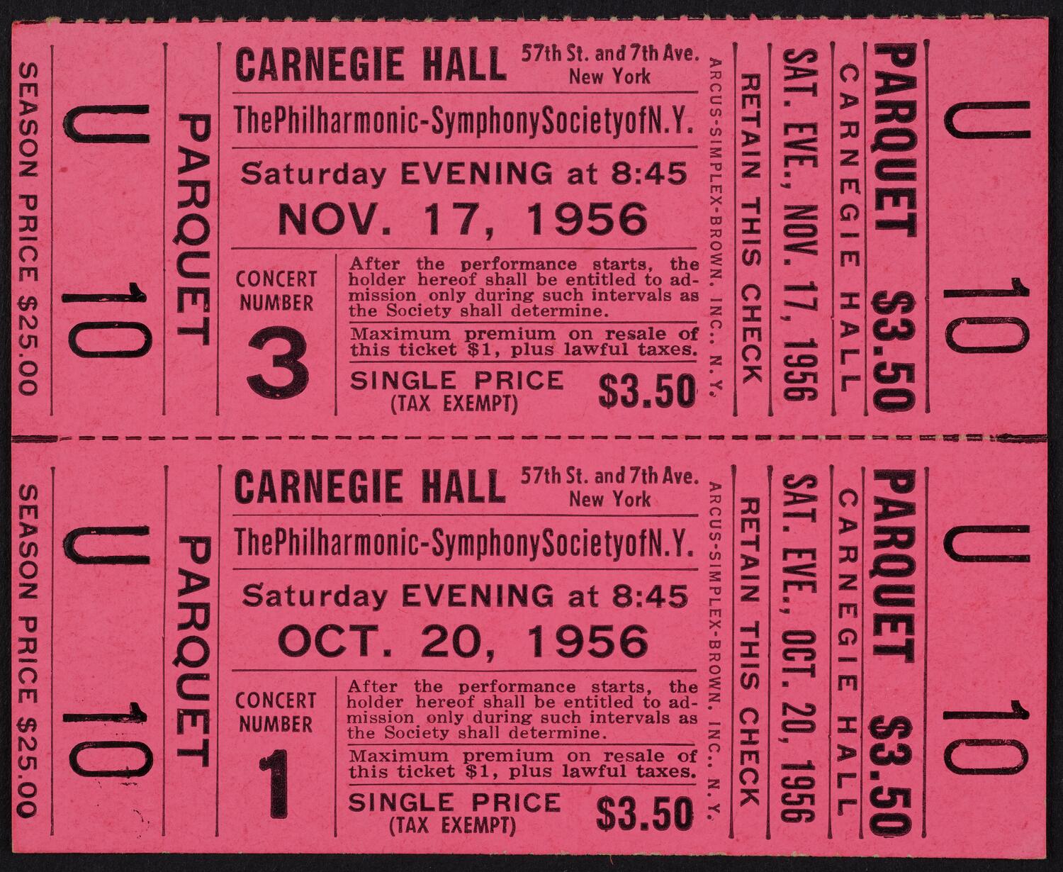 Tickets for Philharmonic-Symphony Society of New York, October 20, 1956 and November 17, 1956 (front)