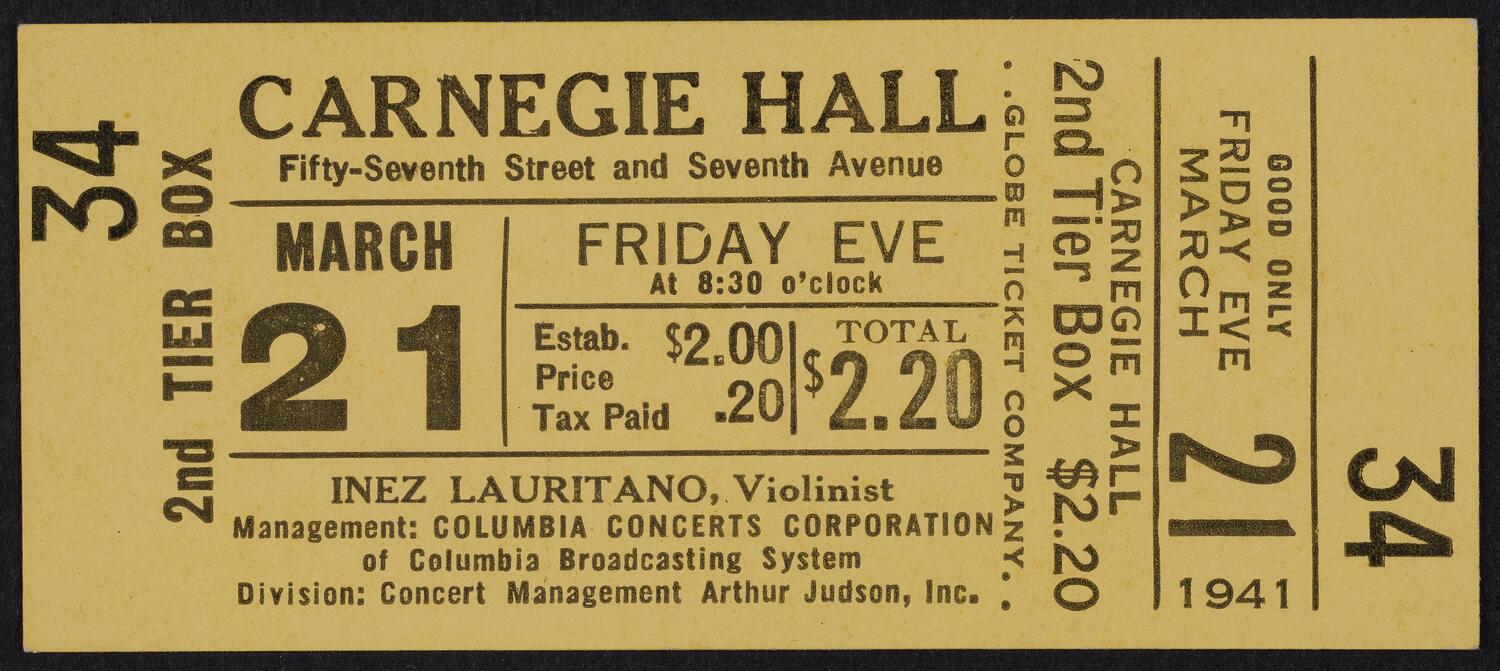 Ticket for Inez Lauritano, March 21, 1941 (front)