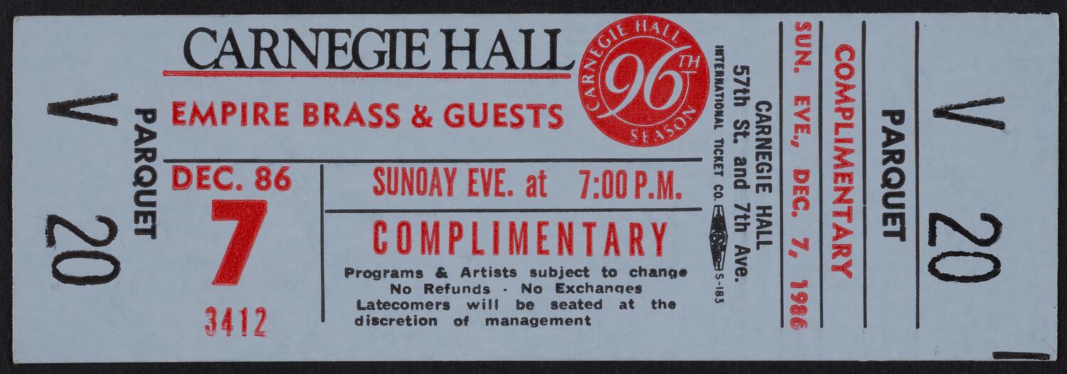 Ticket for Empire Brass & Guests, December 7, 1986 (front)