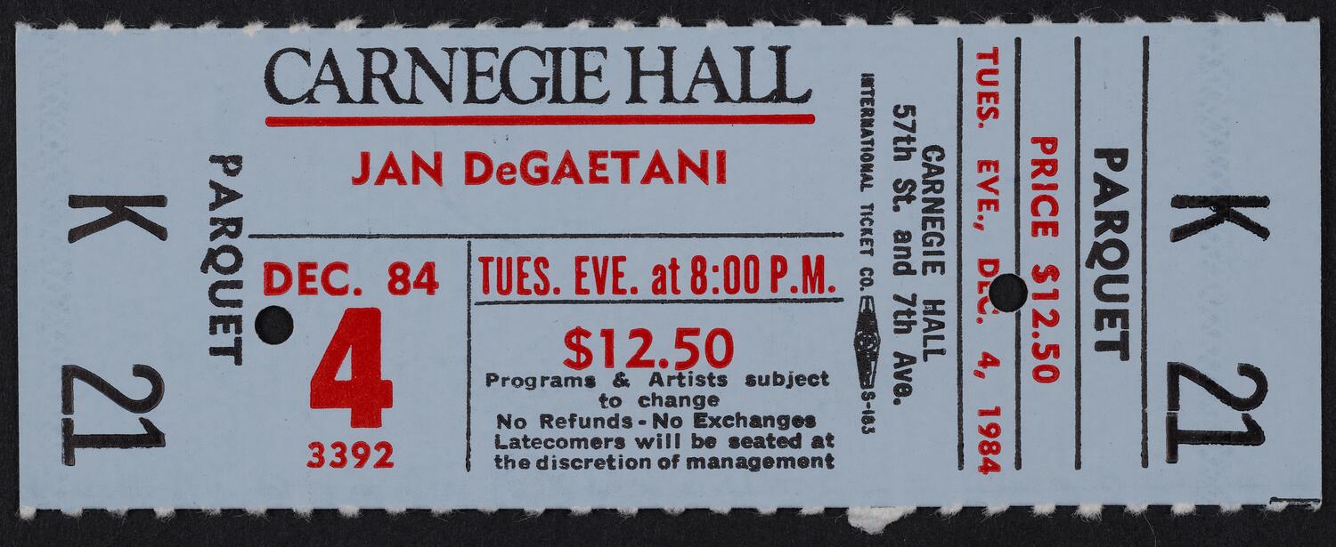 Ticket for Jan De Gaetani, December 4, 1984 (front)