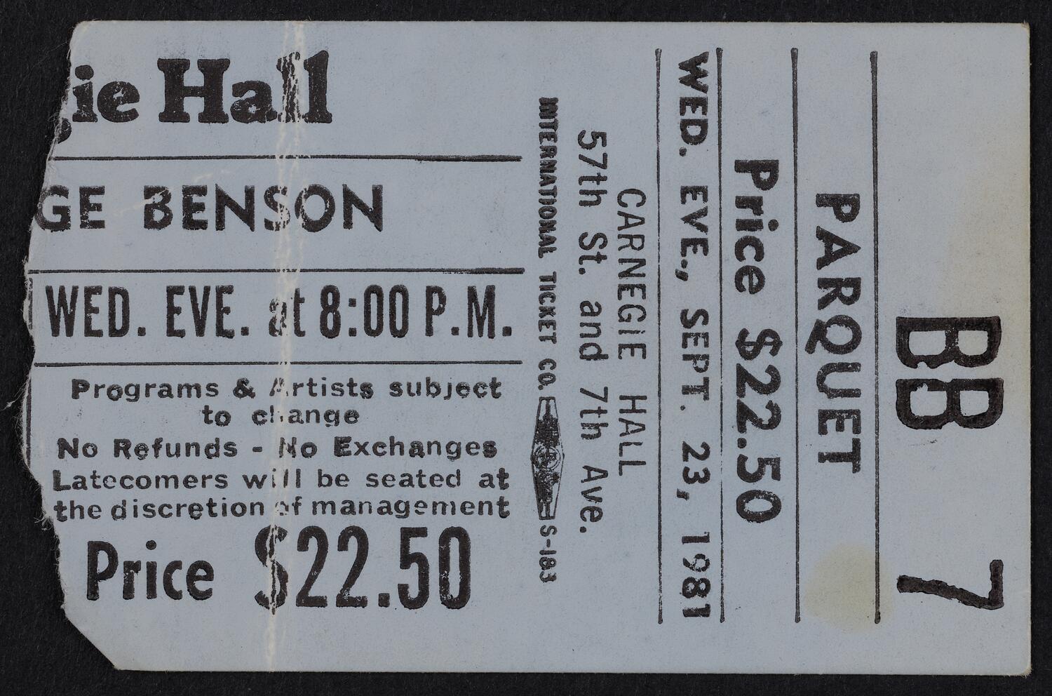 Ticket for George Benson, September 23, 1981 (front)