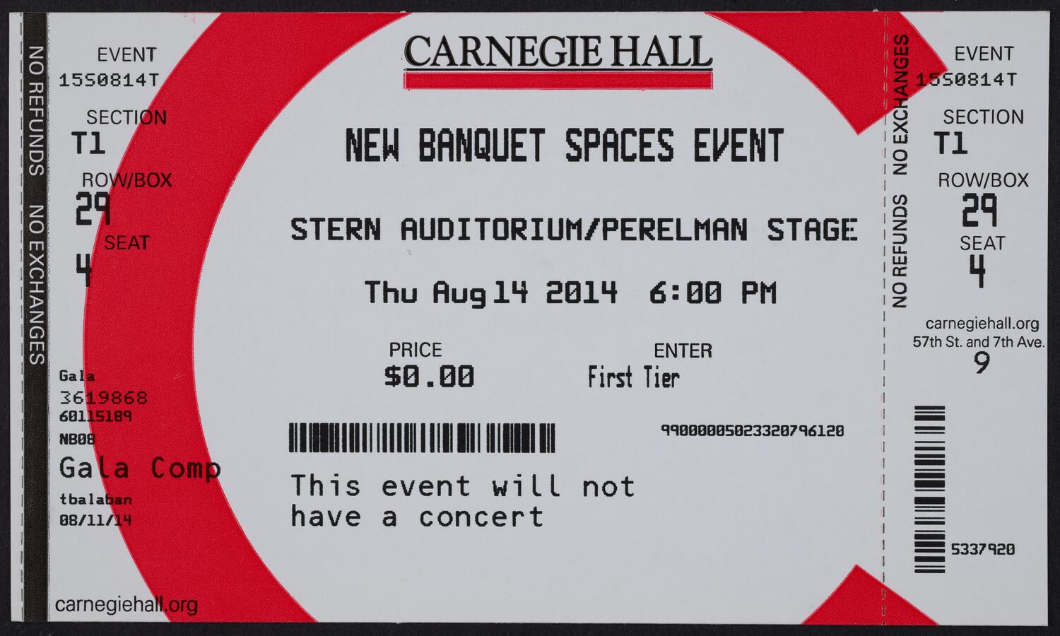 Ticket for New Banquet Spaces Event, August 14, 2014 (front)
