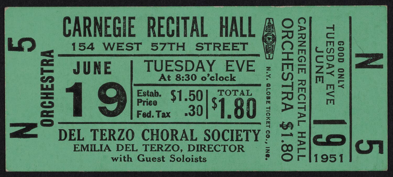 Ticket for Del Terzo Choral Society, June 19, 1951 (front)