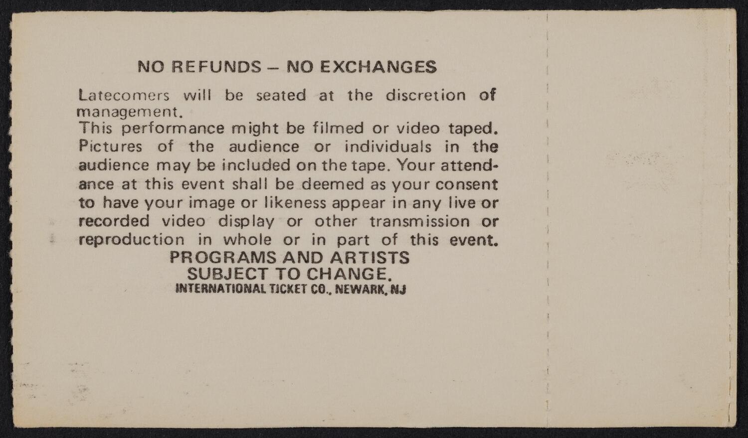 Ticket for Irving Berlin's 100th: A Gala Celebration, May 11, 1988 (back)