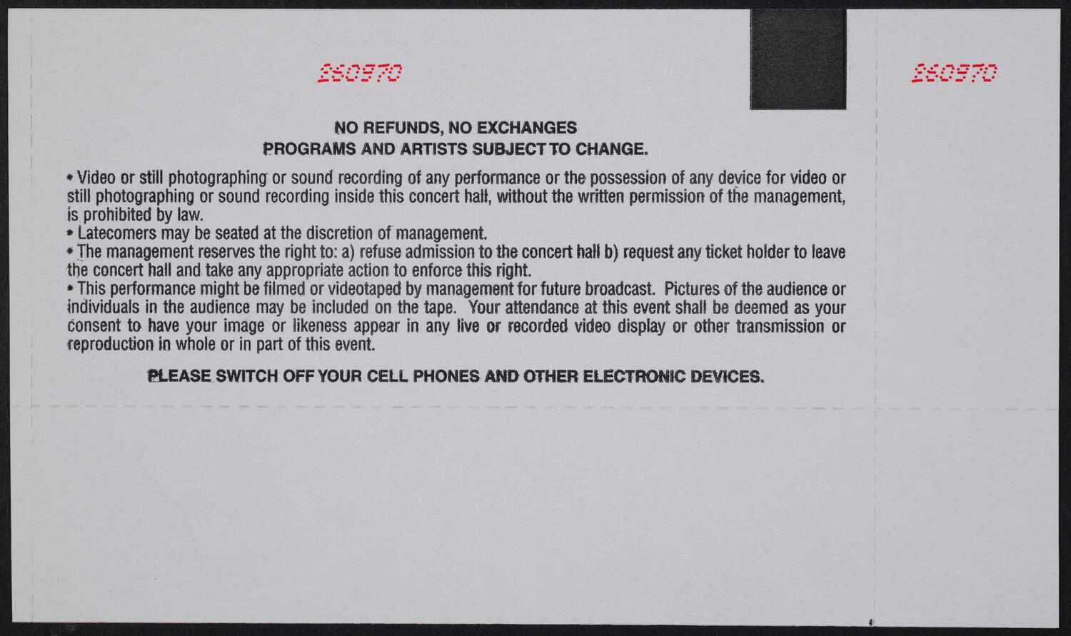 Ticket for San Francisco Symphony, October 10, 2002 (back)