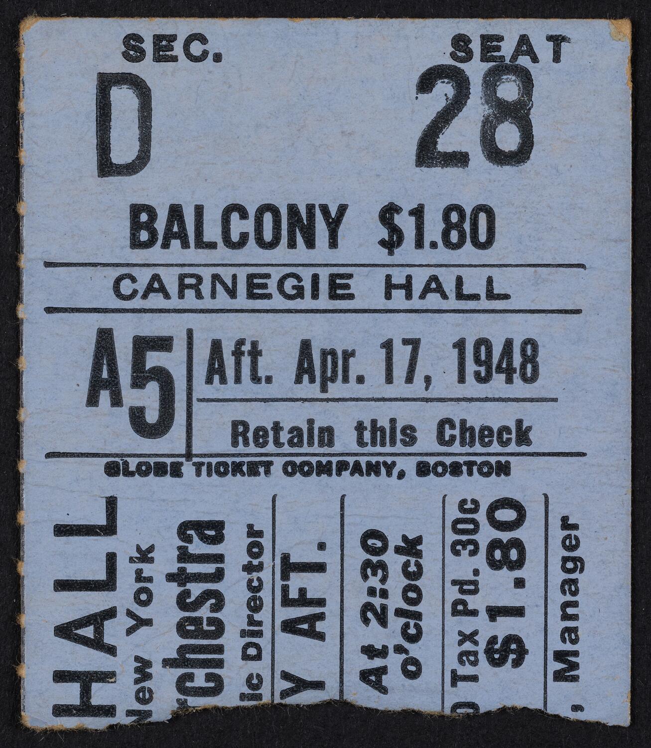 Ticket for Boston Symphony Orchestra, April 17, 1948 (front)