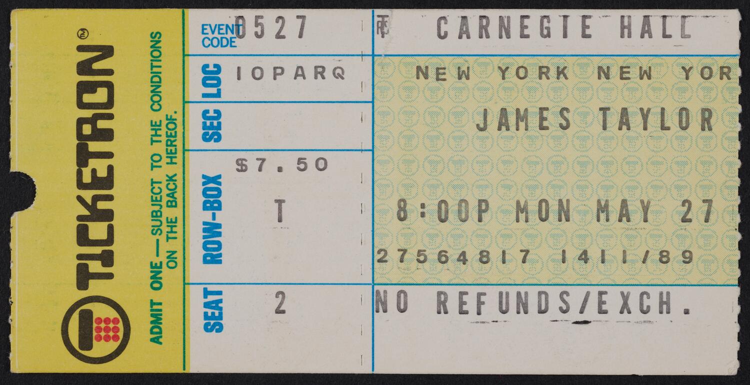 Ticket for James Taylor, May 27, 1974 (front)