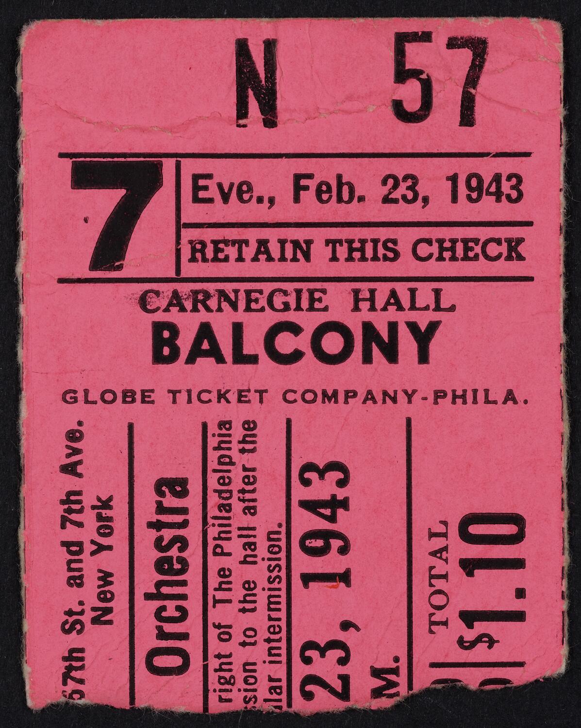 Ticket for Philadelphia Orchestra, February 23, 1943 (front)