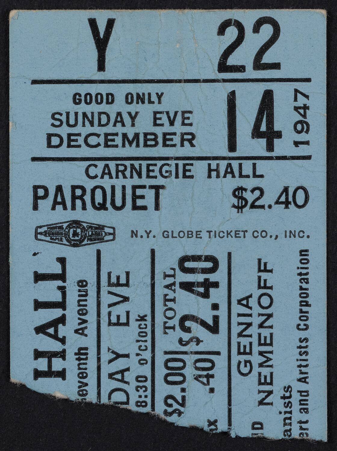 Ticket for Pierre Luboshutz and Genia Nemenoff, December 14, 1947 (front)