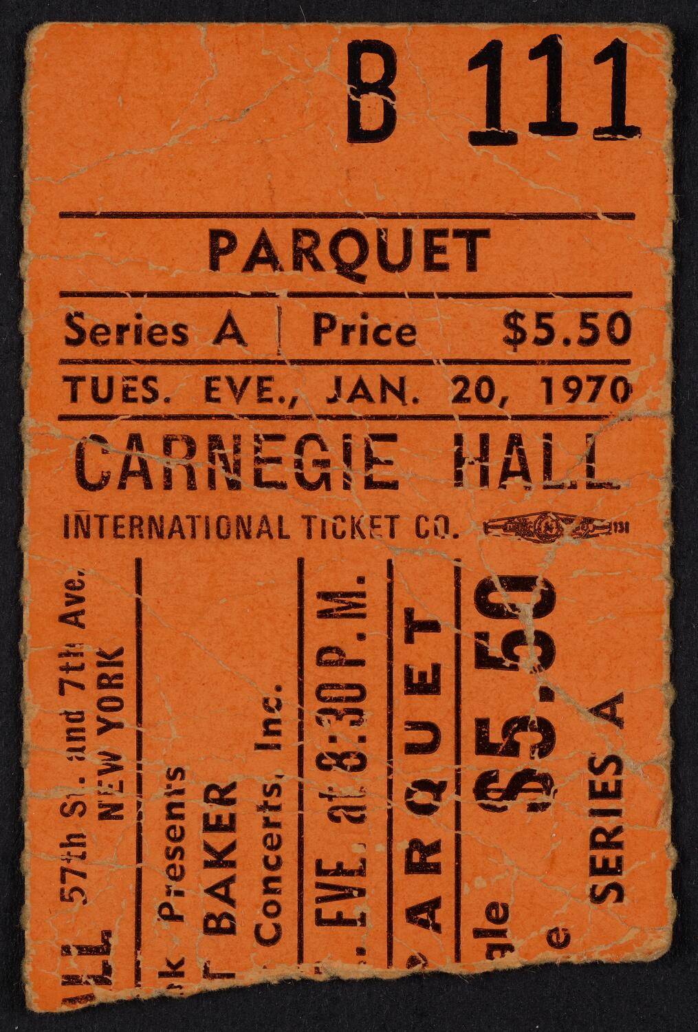 Ticket for Janet Baker, January 20, 1970 (front)