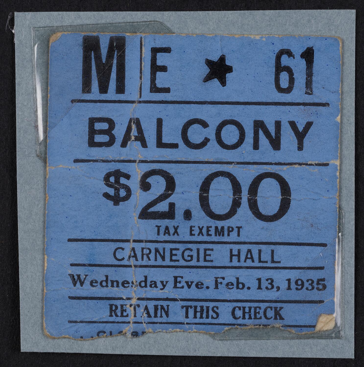 Ticket for New York Philharmonic, February 13, 1935 (front)