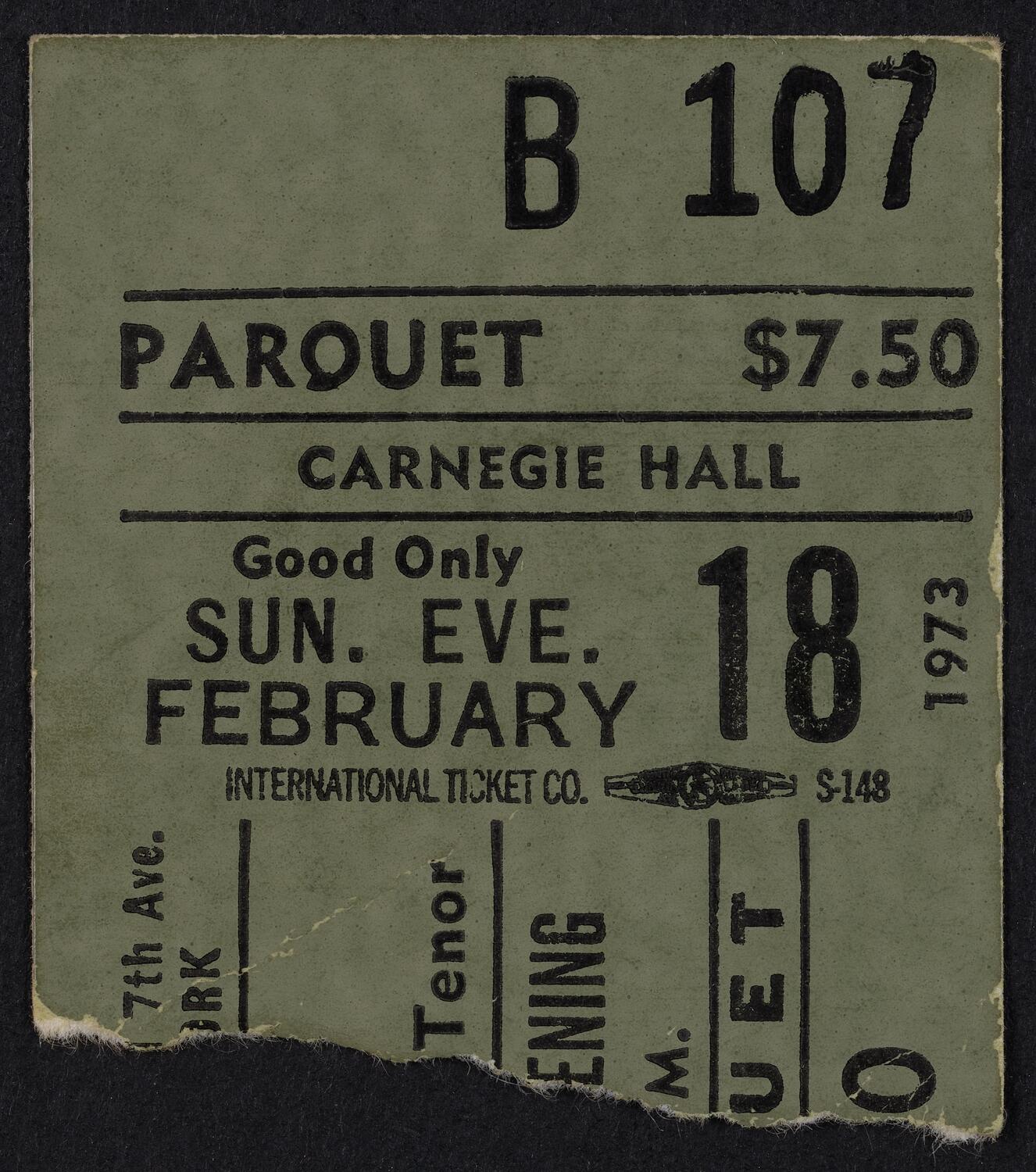 Ticket for Luciano Pavarotti, February 18, 1973 (front)