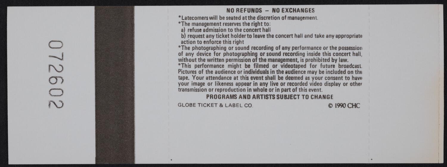 Ticket for the Gala Opening Night of the Centennial Season: Los Angeles Philharmonic, September 26, 1990 (back)