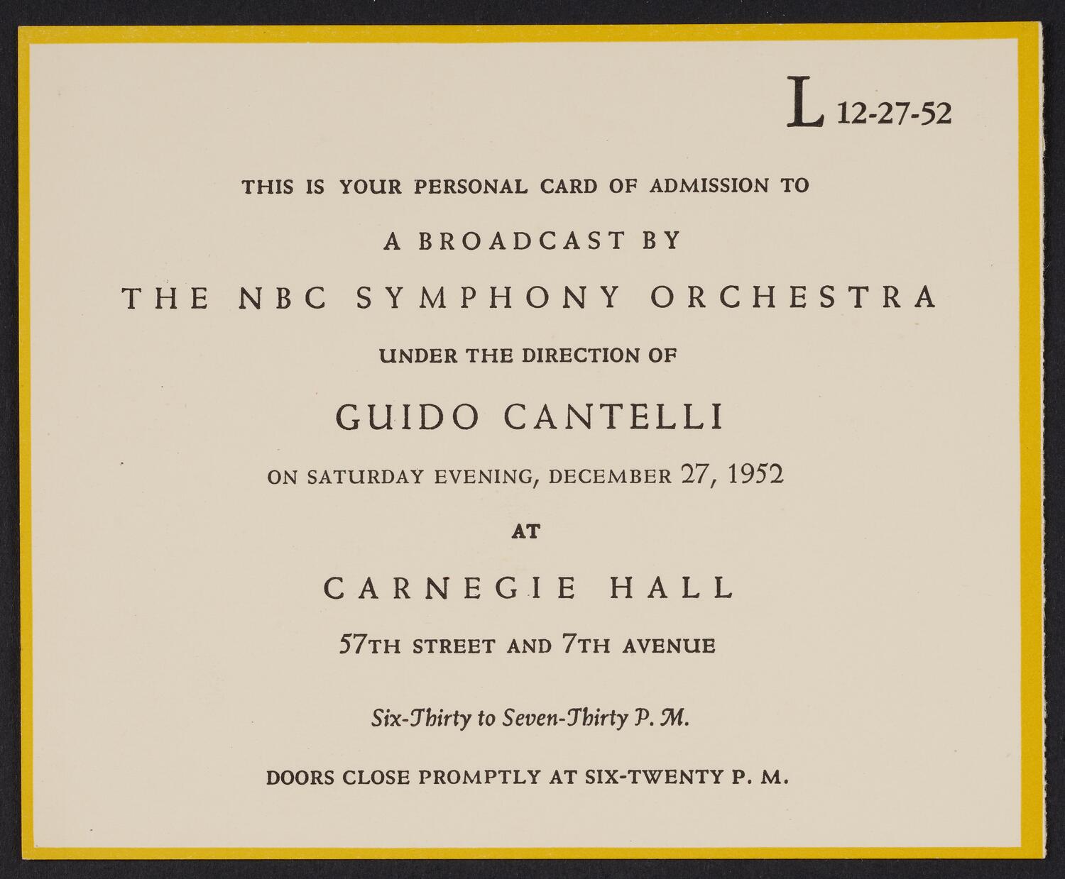 Ticket for NBC Symphony Orchestra, December 27, 1952 (front)
