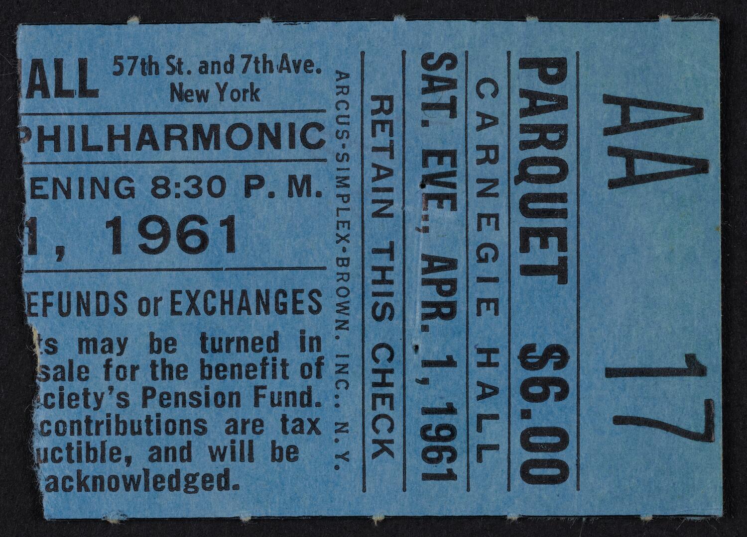 Ticket for New York Philharmonic: Dimitri Mitropoulos Memorial, April 1, 1961 (front)