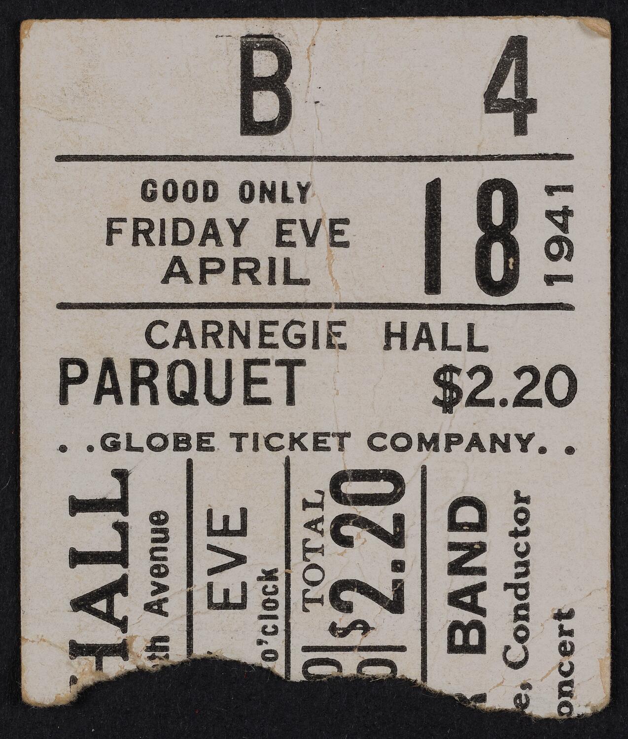 Ticket for Captain Eugene La Barre and His World's Fair Band, April 18, 1941 (front)