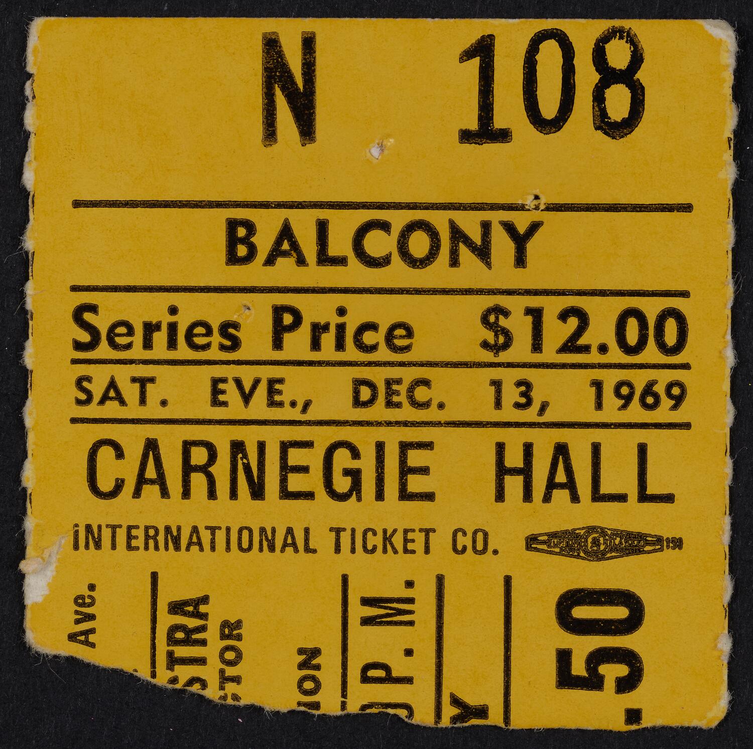 Ticket for Boston Symphony Orchestra, December 13, 1969 (front)