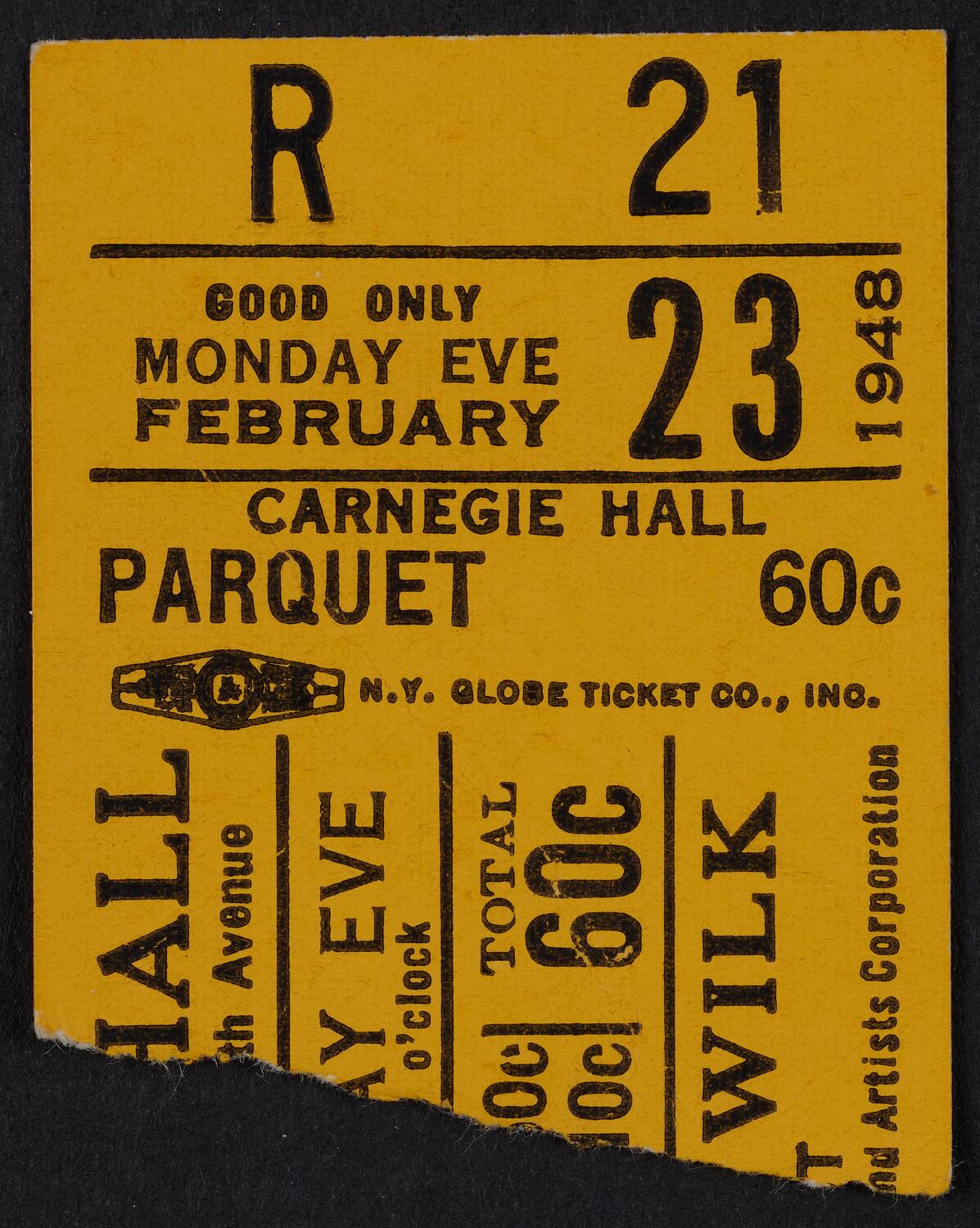 Ticket for Maurice Wilk, February 23, 1948 (front)