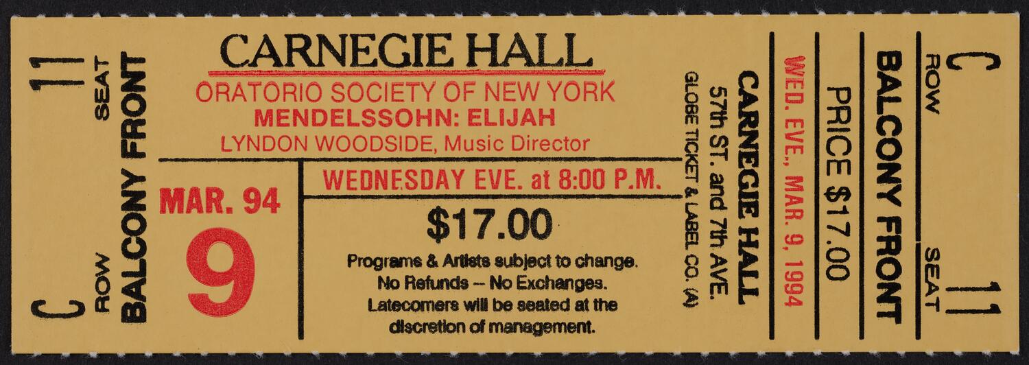 Ticket for Oratorio Society of New York, March 9, 1994 (front)