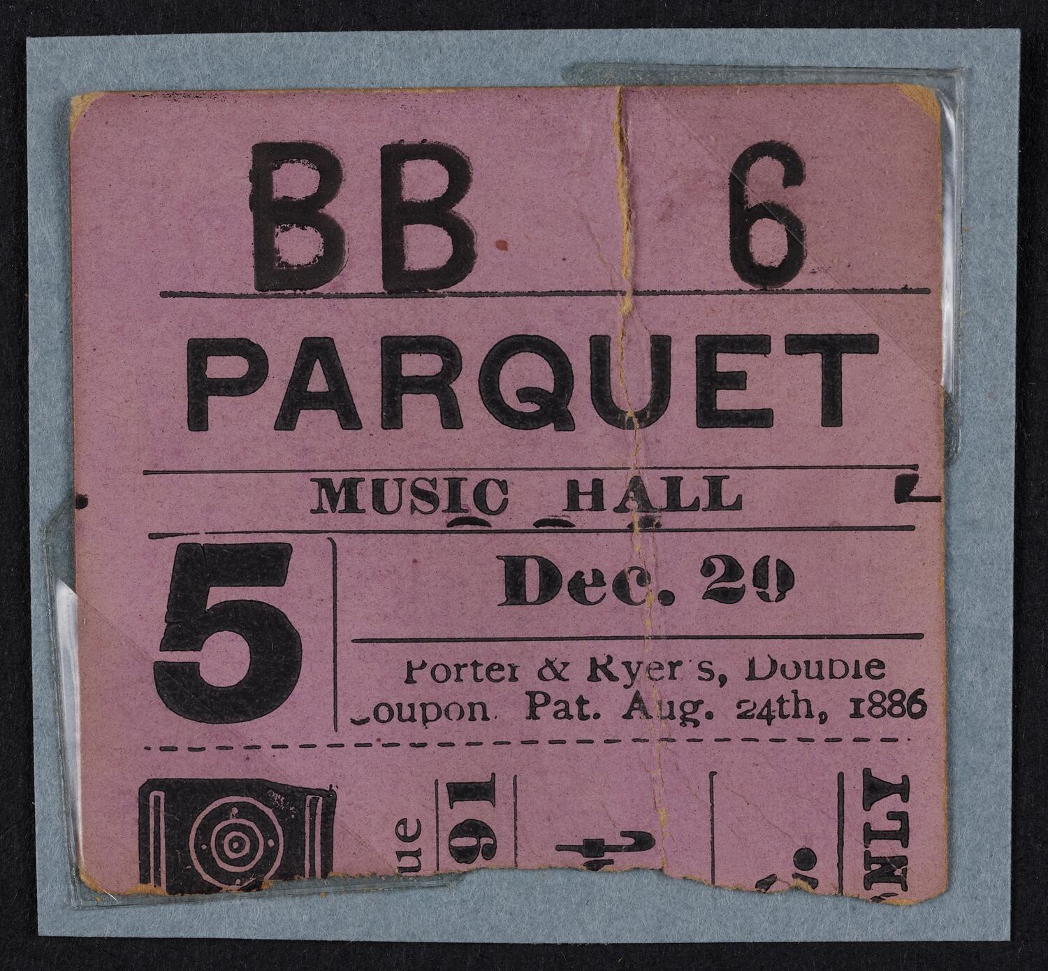 Ticket for Damrosch Sunday Concert, December 20, 1891 (front)