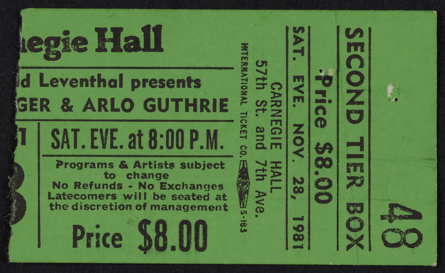 Ticket for Pete Seeger & Arlo Guthrie, November 28, 1981 (front)