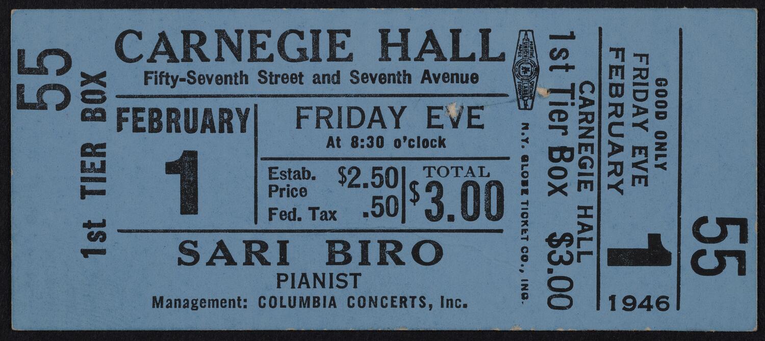 Ticket for Sari Biro, February 1, 1946 (front)