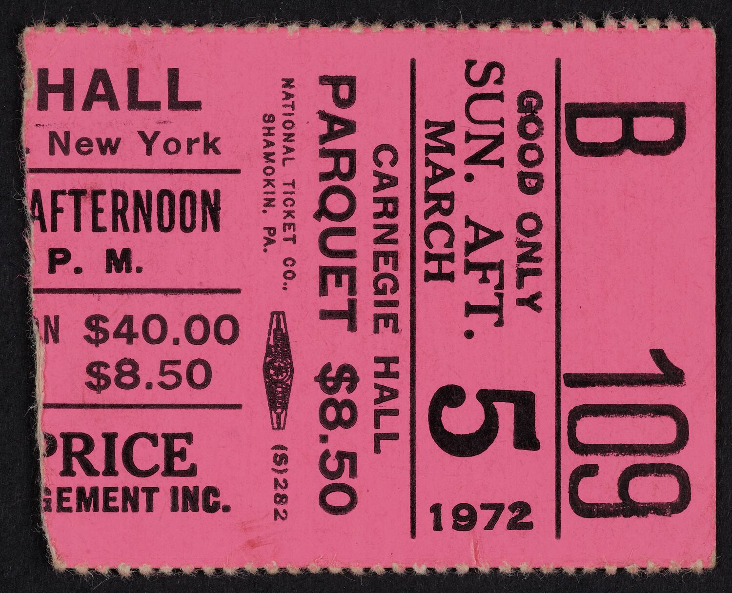 Ticket for Leontyne Price, March 5, 1972 (front)