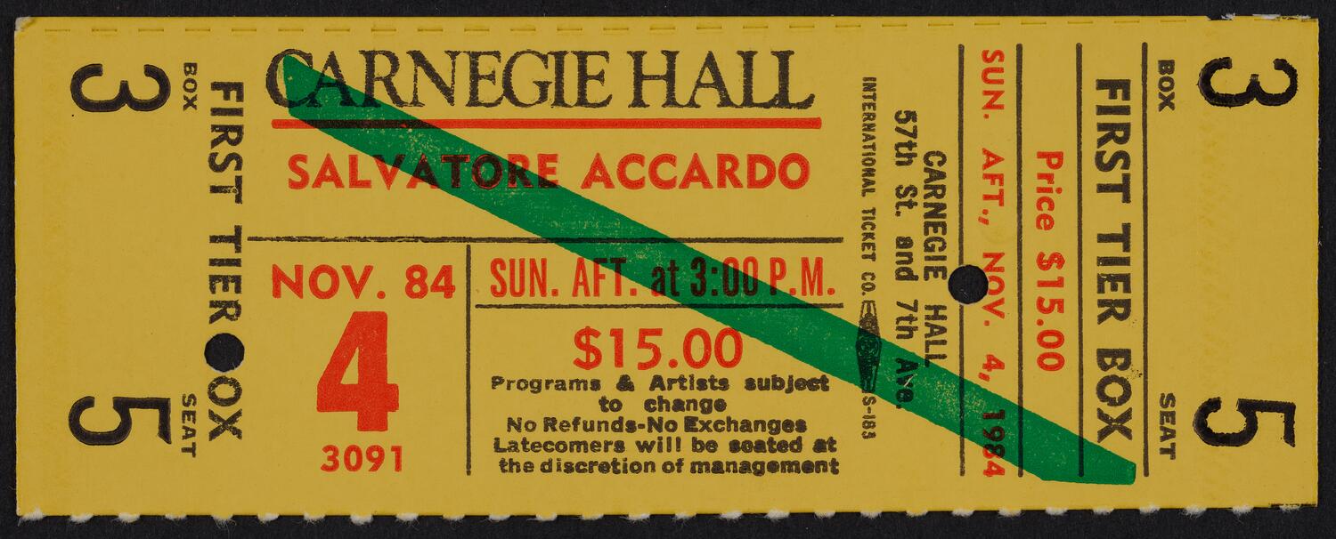 Ticket for Salvatore Accardo, November 4, 1984 (front)