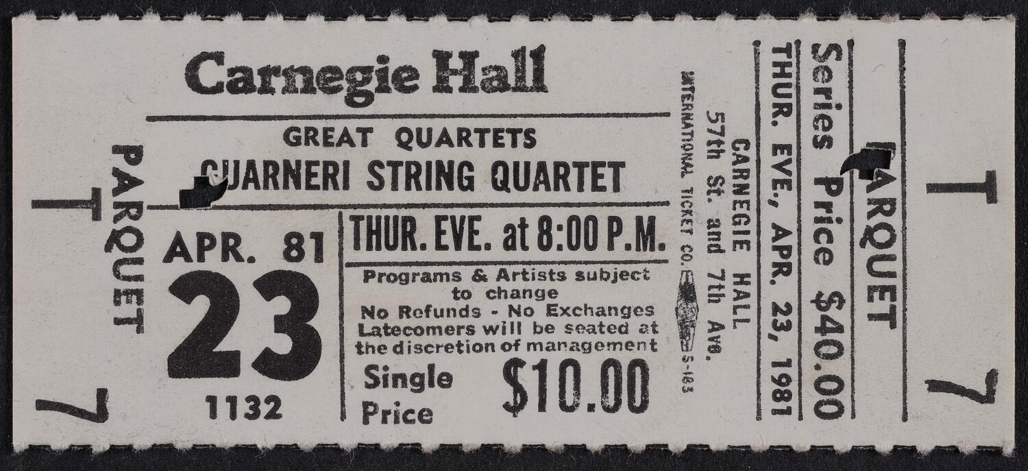 Ticket for Guarneri String Quartet, April 23, 1981 (front)
