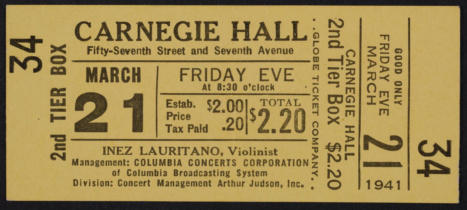 Ticket for Inez Lauritano, March 21, 1941 (front)