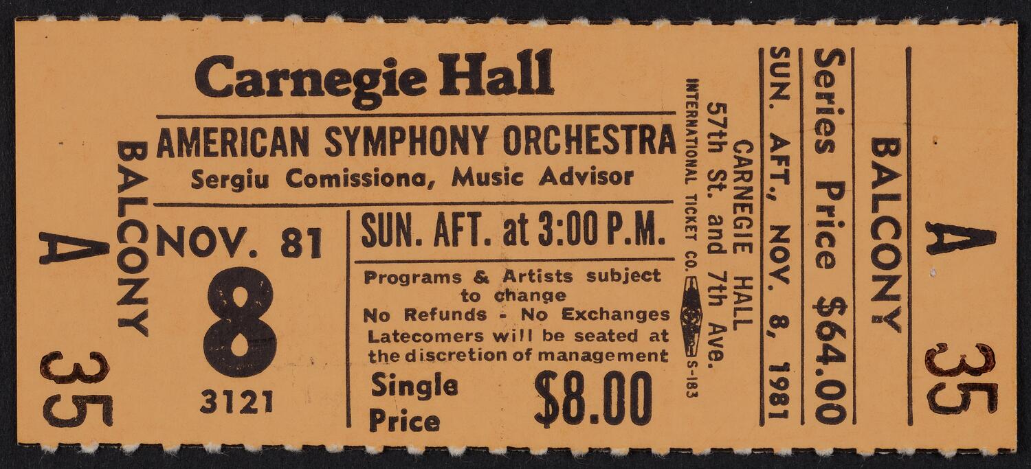 Ticket for American Symphony Orchestra, November 8, 1981 (front)