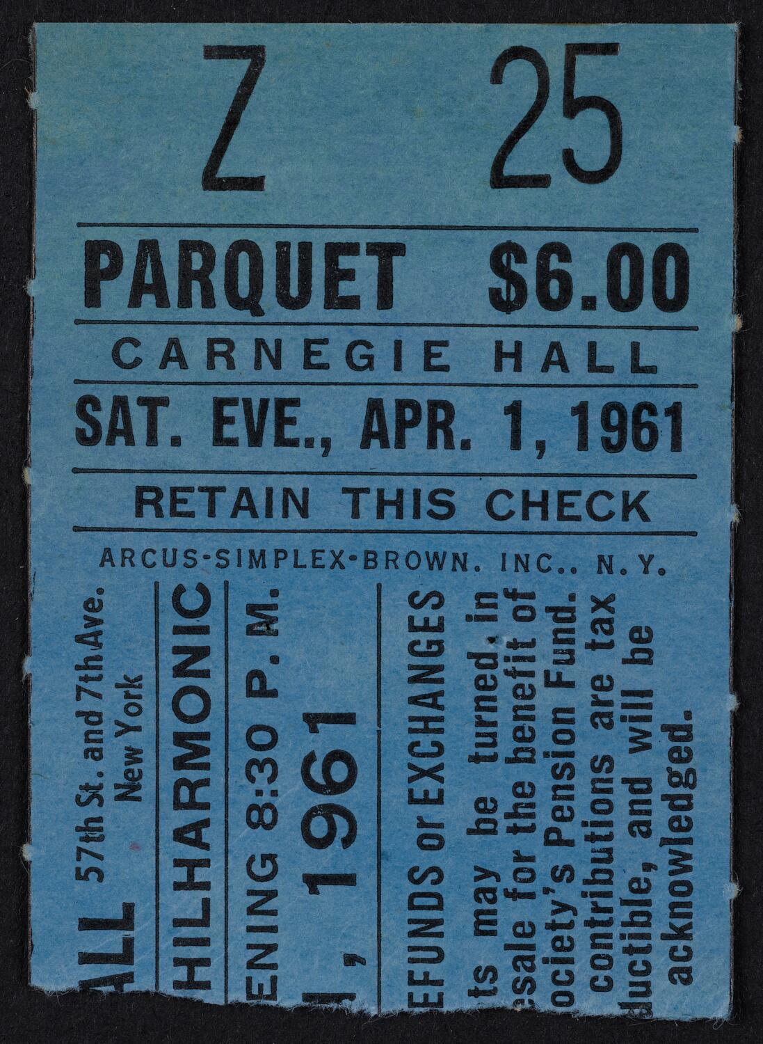 Ticket for New York Philharmonic: Dimitri Mitropoulos Memorial, April 1, 1961 (front)