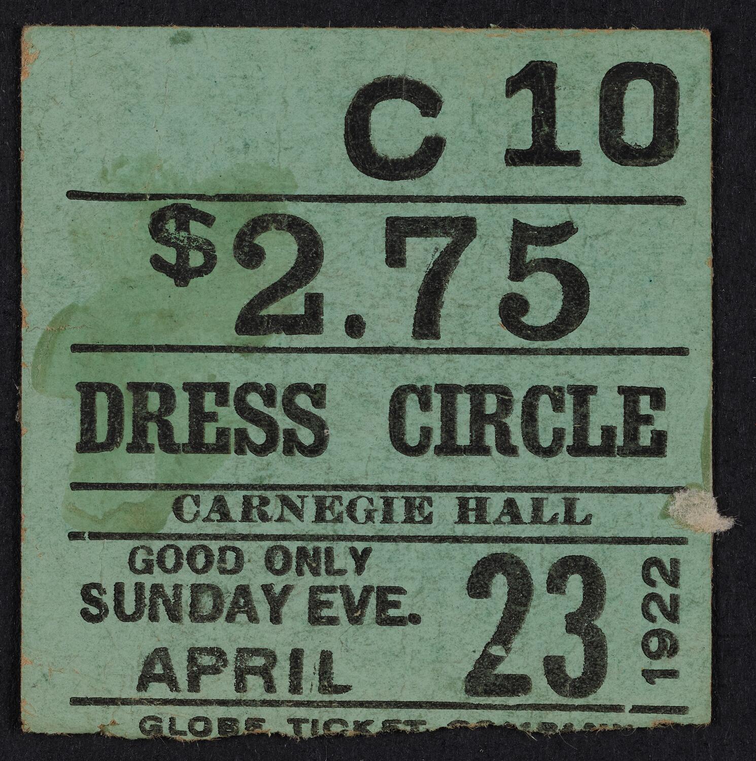 Ticket for Fritz Kreisler, April 23, 1922 (front)