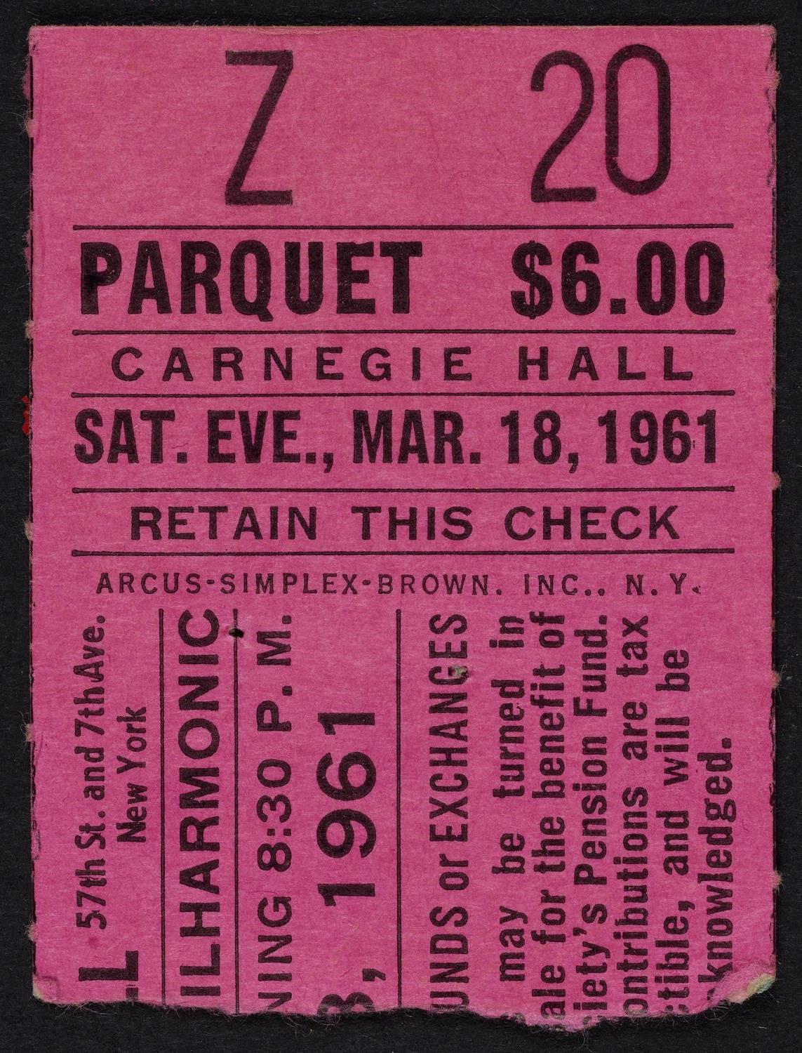 Ticket for New York Philharmonic, March 18, 1961 (front)