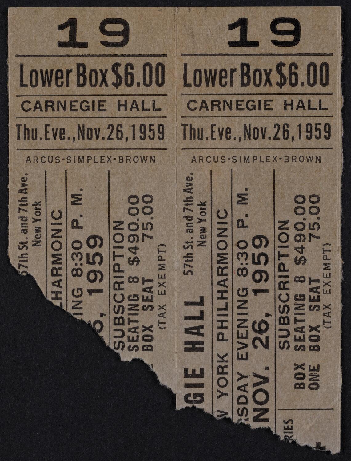Ticket for New York Philharmonic, November 26, 1959 (front)