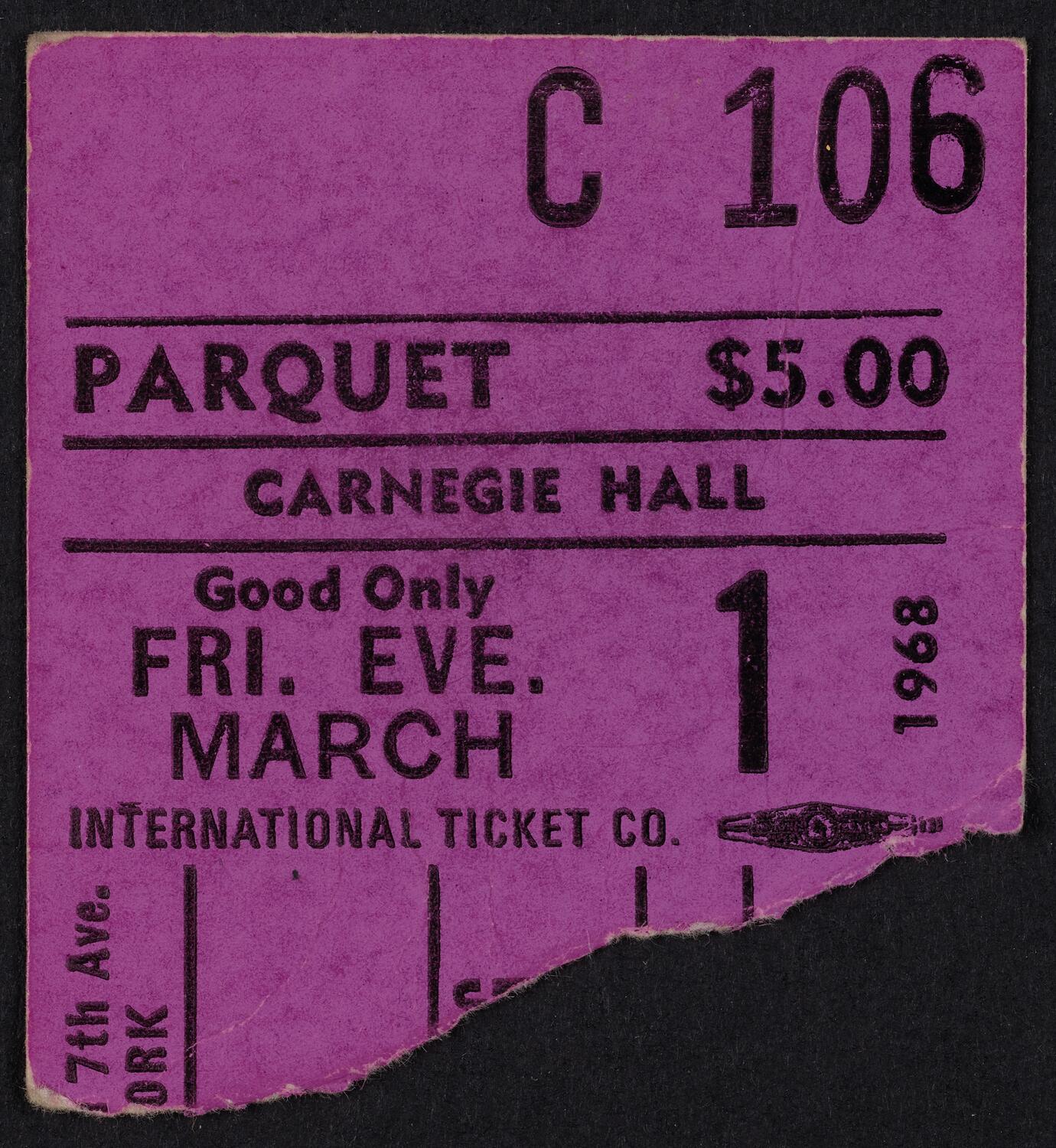 Ticket for Janet Baker, March 1, 1968 (front)